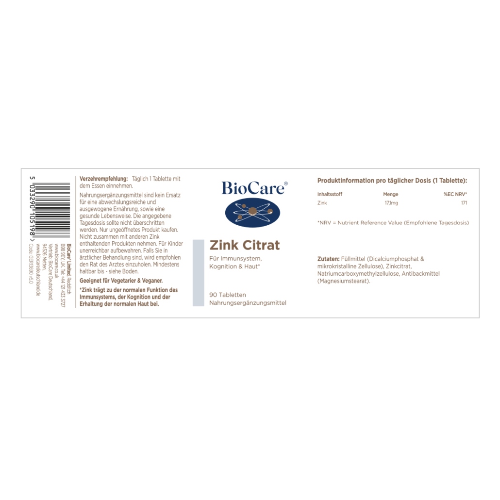 Zink Citrat 90 o. 180 Tabletten BioCare Deutschland